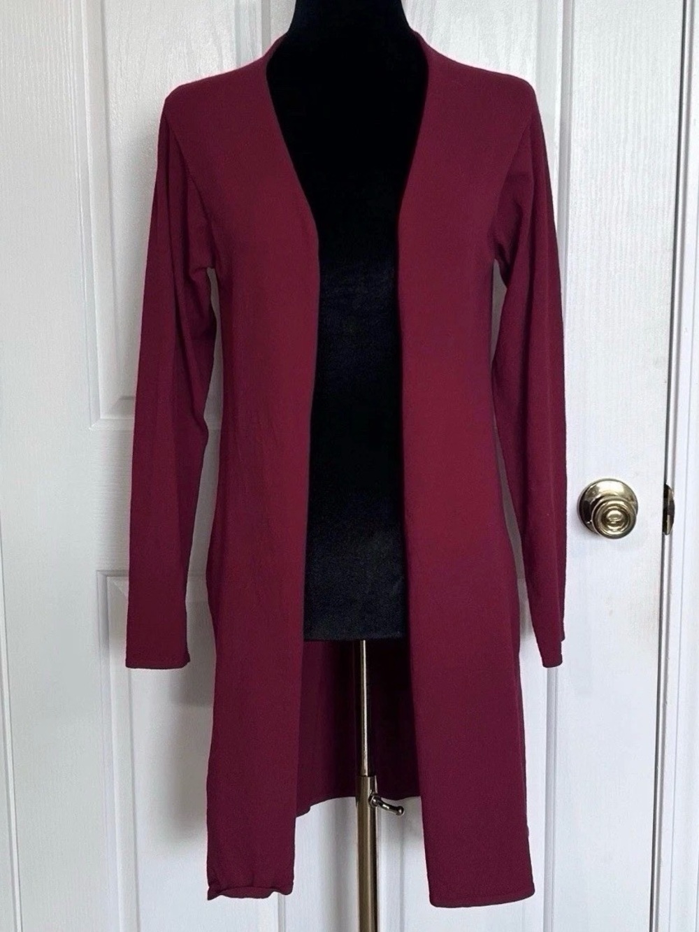 Eileen Fisher Merlot Red Open Front Longline Knit Duster Cardigan Sweater XS